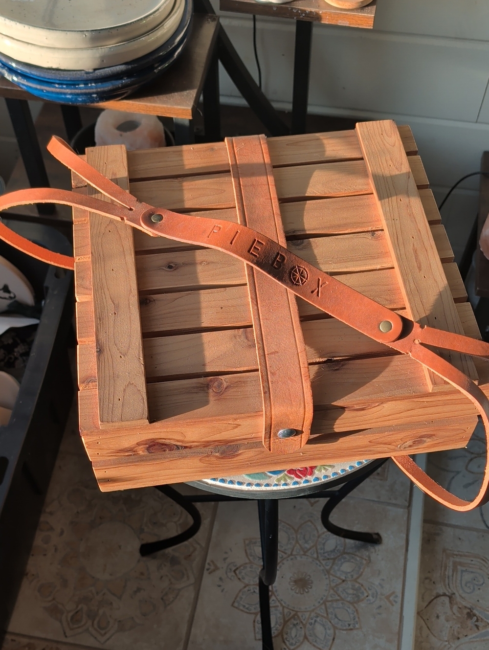 Wooden Pie Box Carrier with Leather Carrying Strap